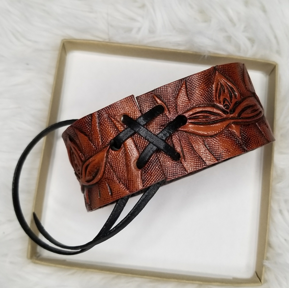 Floral Leather Wrist Cuff - Adjustable Size